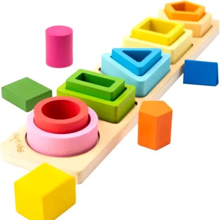 Jucarie Montessori din Lemn, Flippy, Tip Puzzle, cu 5 Forme Asimetrice, 15 Piese, Educativa, Interactiva, Creativa, Model Forme Geometrice, Materiale Non Toxice, pentru Copii peste 2 Ani, Baza 29x6.5 cm, Multicolor