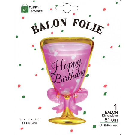 Balon din Folie Metalizata, Flippy, Figurina Pahar de Vin, Tema Aniversare, 93x48 cm, Ambalaj Individual, Pai Inclus, Umflare cu Aer sau Heliu, Roz