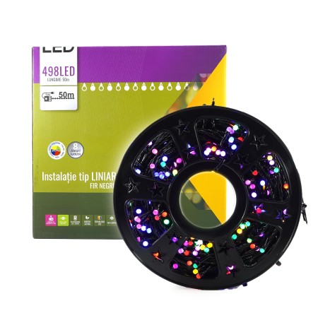 Instalatie de Craciun Liniara Yoto, 50 m, 1 m Prelungitor 220V, 498 LED, 8 Jocuri de Lumini, Controler, Fir Negru, Utilizare Interior/Exterior, Protectie anti-inghet, Fir Cupru, Multicolor