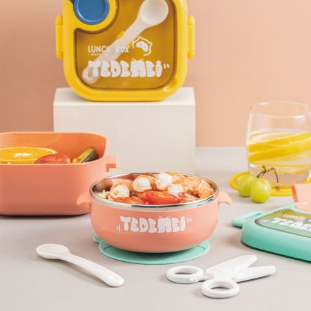 Caserola pentru copii Flippy, lunch box, 750 ml, doua boluri, lingura, foarfeca din plastic, rezistenta la scurgeri, Roz