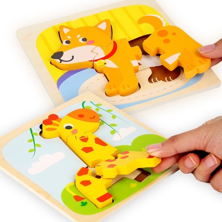 Puzzle Montessori din Lemn pentru Copii, Flippy, 3D, 0-3 Ani, Model Catel, Educativ, Intuitiv, Creativ, 3 Piese, 15x15x0.5 cm, Multicolor