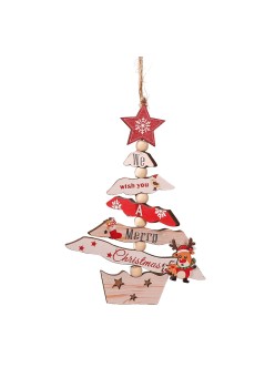 Decoratiune de Craciun din Lemn, Flippy, cu Snur pentru Agatare in Brad, Model Brad de Craciun si Ren, Scris We Wish You A Merry Christmas, 17x12.8x0.4 cm, Multicolor