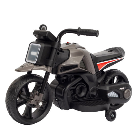 Motocicleta Electrica cu 2 Roti Mari si 2 Roti Ajutatoare, Flippy, Acumulator Incarcare, Anti-Rasturnare, Lumini, Muzica, Motor:380, Baterie 6V4.5, 41.5x70x34 cm, 4.5 Kg, 3 Ani+, Gri Negru