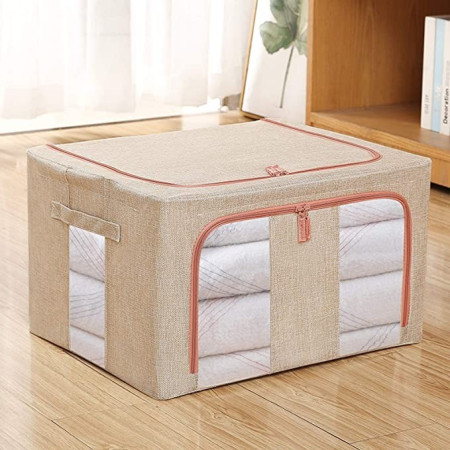 Cutie de depozitare pliabila, Flippy, Cu fermoar, 100 L, Textil, 60x42x40 cm, Cadru Metalic, Suport Baza Stabil din Plastic, Crem cu Doua Ferestre