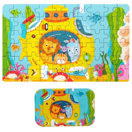 Puzzle 60 de Piese din Lemn in Cutie Metalica, Flippy, Model Submarin, Educativ, Dezvoltare Abilitati Cognitive, pentru Prescolari, 22.5x13.5 cm, Multicolor