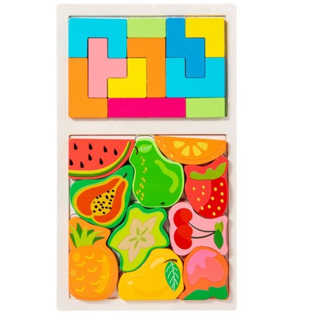 Puzzle Montessori din Lemn pentru Copii, Flippy, Tip Tetris 2in1 +3 Ani, cu Fructe Colorate 3D, Educativ, Intuitiv, Creativ, 21 de Piese, 28.5x17x1.2 cm, Multicolor