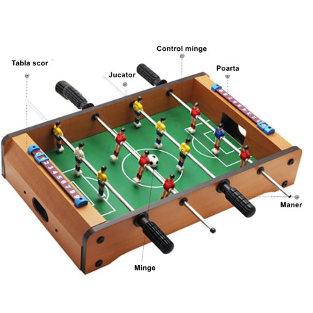 Masa de fotbal cu teren si 12 jucatori Flippy, cu tablou pentru scor, din metal, lemn si ABS, 34.5 x 23 x 7 cm, pentru copii