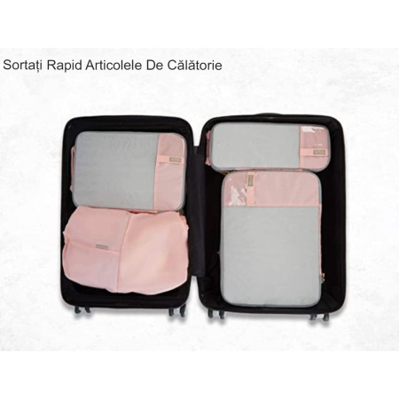 Set 3 Genti de Calatorie Flippy, Pentru Depozitare, Compresibile, 3 Dimensiuni, Mic, Mediu, Mare, Impermeabile, Fermoar Dublu, Roz