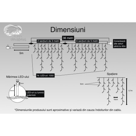 Instalatie Craciun, 36 m, 1050 Led-uri ,Franjuri, Alb rece, Flash, Transformator cu telecomanda, Interconectabila, Prelungitor 5 m inclus, Fir Transparent, Flippy