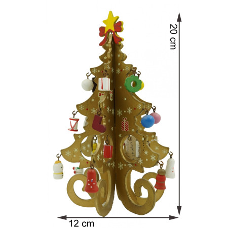 Decoratiune Craciun, Brad, Auriu, 6 cavitati cu ornamente, 12 cm x 20 cm, Lemn, Flippy