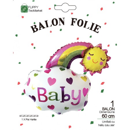 Balon din Folie Metalizata, Flippy, Figurina Soare si Nor, Tema Botez, 60x53 cm, Ambalaj Individual, Pai Inclus, Umflare cu Aer sau Heliu, Roz