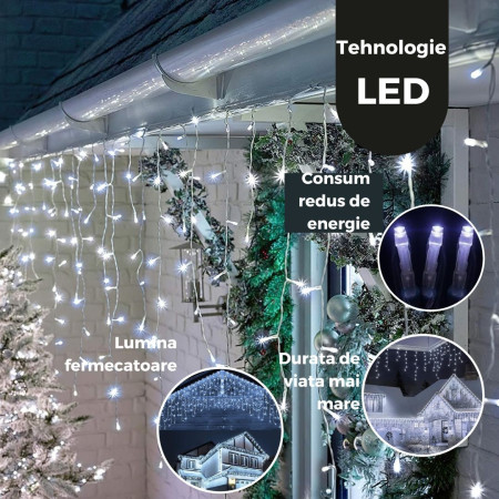 Instalatie Craciun Yoto, Tip Franjuri/Turturi, 12 m, 300 LED-uri, Prelungitor 1.5 m, 8 Jocuri de Lumini, Interconectabila, Conectare la Retea, Fir transparent, Interior/Exterior, Alb Rece