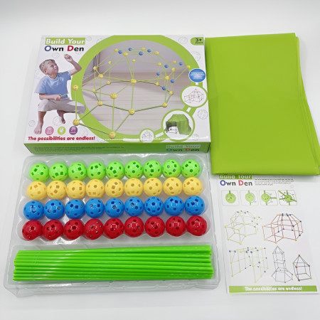 Kit de Constructie Fort 3D pentru Copii, Flippy, 560 g, 36 Sfere, 51 Tije, Panza Verde Impermeabil, 3 ani, Educativ, Multicolor