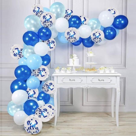 Set 16 Baloane din Latex Metalizate, Flippy, Model Party, 30 cm, Alb, Albastru, Albastru Chrome, Transparent Confetti 2.8 g