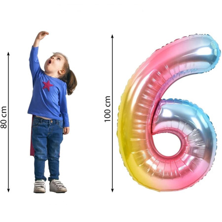 Balon din Folie Metalizata Gradient Flippy, Figurina Cifra, Tema Aniversare 100 cm, Ambalaj Individual, Pai inclus, Umflare cu Aer sau Heliu, Multicolor, Cifra 6