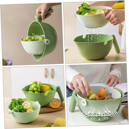 Bol cu Doua Straturi, Flippy, pentru Fructe, Legume, cu Cos de Scurgere a Apei, 2L, din ABS+PP, 29.9 x 22.5 x 11.8 cm, Verde-Alb