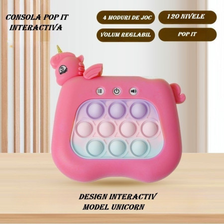 Jucarie Interactiva Tip Consola pentru Copii, Flippy, Diferite Moduri de Joc, 120 Nivele, Material ABS/silicon, Sunete si Lumini, 13.5 x 5.5 x 12.5 cm, Model Unicorn, Fucsia