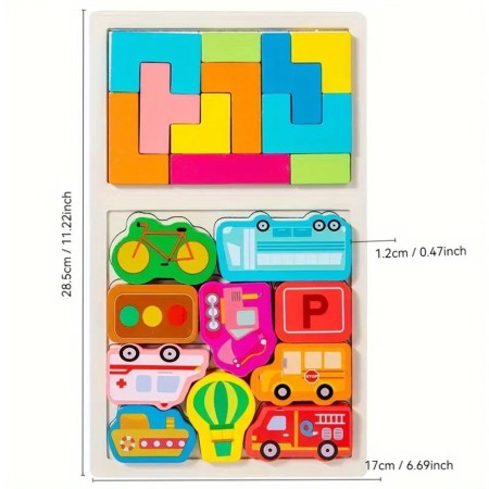 Puzzle Montessori din Lemn pentru Copii, Flippy, Tip Tetris 2in1, +3 Ani, cu Masini Colorate 3D, Educativ, Intuitiv, Creativ, 21 de Piese, 28.5x17x1.2 cm, Multicolor