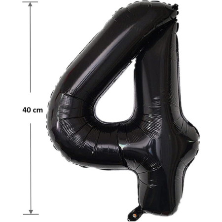 Balon din Folie Metalizata Flippy, Figurina Cifra, Tema Aniversare 40 cm, Ambalaj Individual, Pai inclus, Umflare cu Aer sau Heliu, Negru, Cifra 4