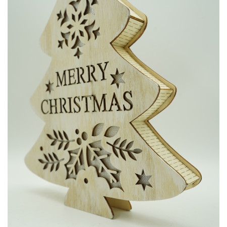 Decoratiune luminoasa, model de  Brad cu inscriptie Marry Christmas, alb, lungime: 19 cm, latime: 3 cm, inaltime: 22 cm, lemn, interior/exterior