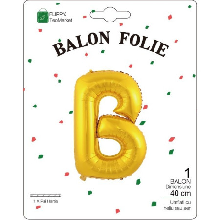 Balon Folie Metalizata Litera B, Flippy, 40 cm, Umflati cu Heliu sau Aer, Ambalaj Individual, Pai inclus, Auriu