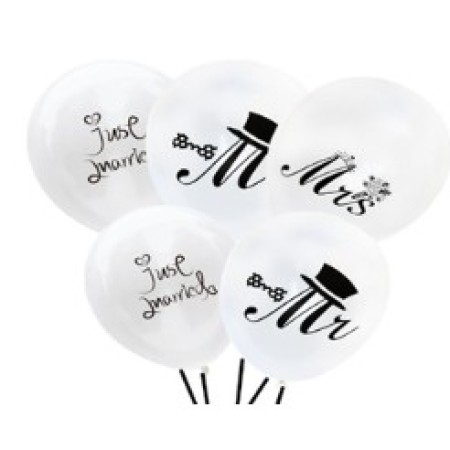 Set 10 Baloane din Latex, Flippy, Model Party Casatorie, Mr&Mrs Just Married, 30 cm, Alb, 2.8 g