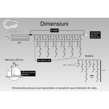 Instalatie Craciun Turturi, IP44, 4 m, 132 Led-uri ,Perdea Franjurata, Alb cald, 8 jocuri de lumini, Transformator 31 V, Putere 9 W, Interconectabila, Interior/Exterior, Prelungitor 5 m inclus, Fir Transparent, Flippy