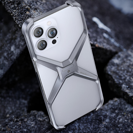 Husa Armor X Compatibila cu iPhone 15 Pro Max, Flippy, Aliaj de Aluminiu, Antisoc, Antizgarieturi, Impermeabila, Margini cu 2 Straturi, Aderent, Montare Usoara, Surubelnita Inclusa, Gri Metalizat