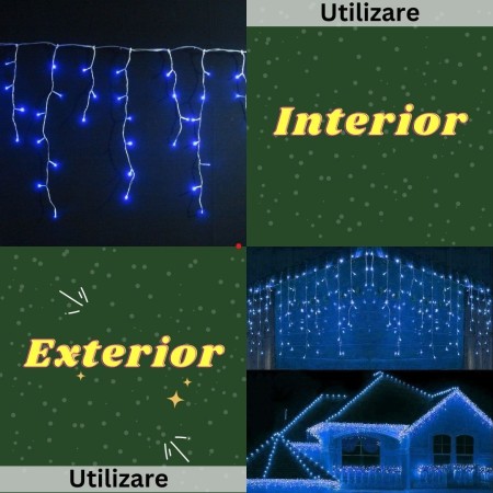 Instalatie Craciun Yoto, Tip Franjuri/Turturi, 4 m, 120 LED-uri, Prelungitor 1.5 m, 8 Jocuri de Lumini, Interconectabila, Conectare la Retea, Fir transparent, Interior/Exterior, Albastru