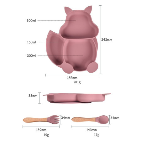 Set 10 piese diversificare bebelusi si copii din silicon Flippy, baveta, farfurie compartimentata cu ventuza, bol cu ventuza, tacamuri din lemn si silicon, cana pentru gustari, fara alergeni, roz pudrat