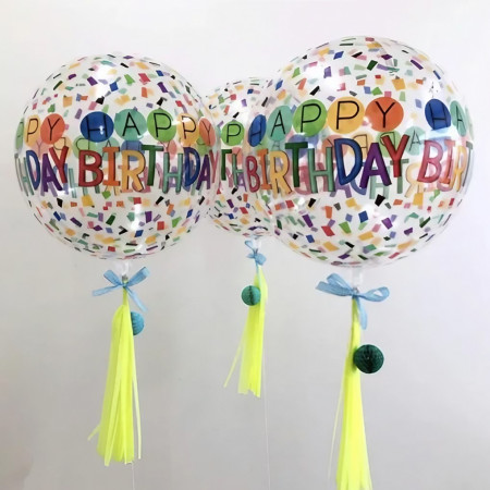 Balon din Folie Metalizata, Flippy, Figurine 4D, Model Happy Birthday, Tematica Aniversara Bombonele, 63x24 cm, Ambalaj Individual, Pai Inclus, Umflare cu Aer sau Heliu, Alb-Multicolor