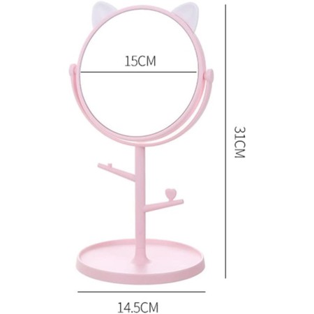 Oglina Cosmetica cu Picior, Flippy, HD, Rotire 360 Grade, 15 cm Diametru, Suport Bijuterii Baza Rotunda + 2 Brate, Model cu Urechi, 31 x 14.5 x 15 cm, din Plastic, Roz/Alb