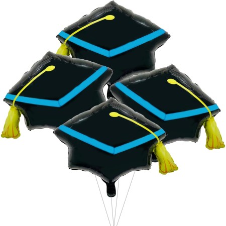 Balon din Folie Metalizata, Flippy, Figurina, Model Toca Congrats Grad, Tematica Absolvire, 56x70 cm, Ambalaj Individual, Pai Inclus, Umflare cu Aer sau Heliu, Negru-Albastru