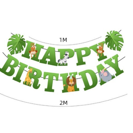 Banner Happy Birthday 100x200 cm, Flippy, Rola de Ata Inclusa, Tematica Jungle, Verde