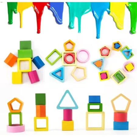 Jucarie Montessori din Lemn, Flippy, Tip Puzzle, cu 5 Forme Asimetrice, 15 Piese, Educativa, Interactiva, Creativa, Model Forme Geometrice, Materiale Non Toxice, pentru Copii peste 2 Ani, Baza 29x6.5 cm, Multicolor