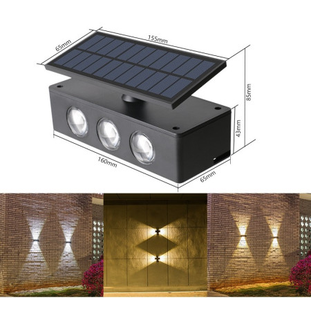 Lampa solara LED bidirectionala Flippy, cu panou ajustabil, comutator culoare lumina, pentru perete, scari, gradina, terasa, 16 x 6.5 cm, 6 LED-uri, material ABS, baterie 3.7 V, 1200mah, multicolor