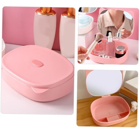 Cutie Organizatoare cu Oglinda, Flippy, 4 Compartimente, pentru Cosmetice si Accesorii, din ABS, 17x13x6 cm, Roz