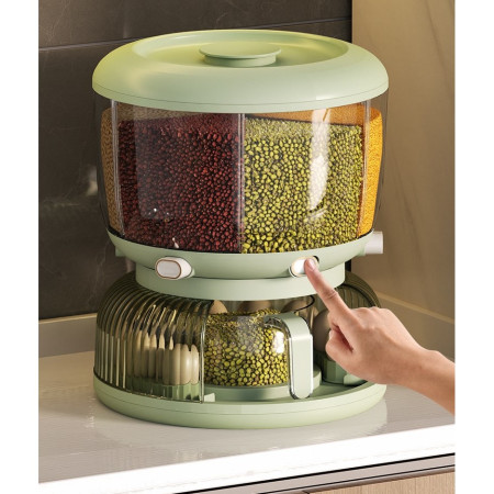 Dozator Etajat de Cereale Flippy, Rotativ 360, 6 Compartimente, Capacitate 10L, Cofraj Special pentru Oua, Vas pentru Scurgerea Cerealelor, 35x27.5 cm, Verde