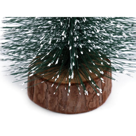 Brad artificial de craciun, ornament pentru masa, pe suport lemn, 10 cm inaltime, Verde inzapezit