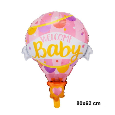 Balon din Folie Metalizata, Flippy, Mini Figurine, Model Balon cu Aer Cald Fetita, Tematica Welcome Baby, 80x62 cm, Ambalaj Individual, Pai Inclus, Umflare cu Aer sau Heliu, Roz