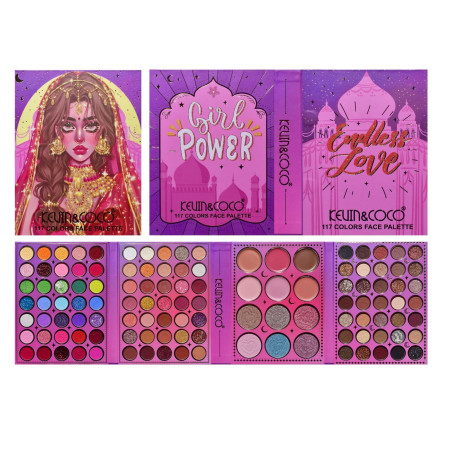 Paleta de Machiaj, KEVIN & COCO, Girl Power, Fard de Pleoape, Iluminator, Blush Cremos, 117 culori, 19 x 14.8 x 3.4 cm