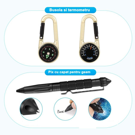 Kit supravietuire multifunctional 13 in 1 Flippy, Instrumente profesionale, agatatoare ghiozdan, pentru Camping, Drumetii, Aventuri in aer liber, borseta inclusa, model cutie, negru