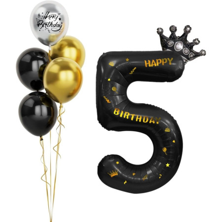 Balon din Folie Metalizata Flippy, Figurina Cifra si Coroana, Scris Happy Birthday, Tema Aniversare 100 cm, Ambalaj Individual, Pai inclus, Umflare cu Aer sau Heliu, Negru, Cifra 5