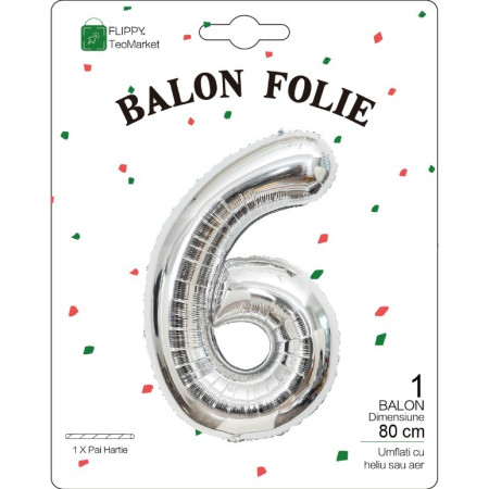 Balon din Folie Metalizata, Flippy, Figurina Cifra, Tema Aniversare 80 cm, Ambalaj Individual, Pai inclus, Umflare cu Aer sau Heliu, Argintiu, Cifra 6