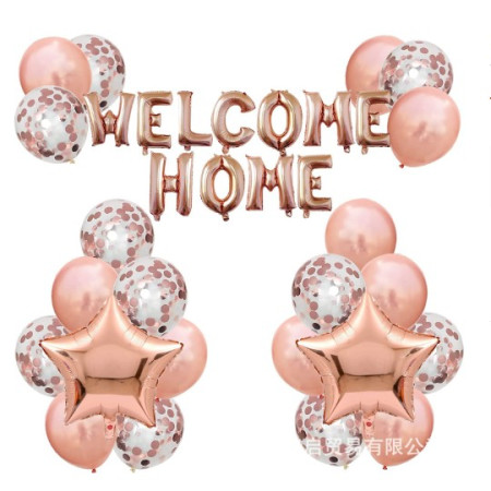 Set 22 de piese baloane folie si latex, 20 baloane latex, 2 baloane stea Folie, 1 set Welcome Home, Rose gold