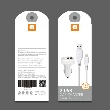 Incarcator auto 2A 2USB   Cablu Micro-USB 2A WUW-T22 Flippy, Alb