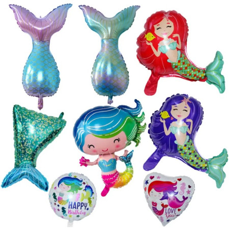 Balon din Folie Metalizata, Flippy, Mini Figurine, Model Sirena cu Par Mov, Tematica Aniversare, 39x37 cm, Ambalaj Individual, Pai Inclus, Umflare cu Aer sau Heliu, Multicolor