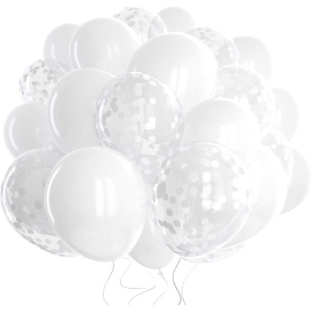 Set 10 Baloane din Latex, Flippy, Model Party, 30 cm, 5x Alb, 5x Transparent Confetti, 2.8 g