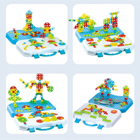 Set Constructie Bormasina Magica cu Servieta, Flippy, 310 Piese, Albastru, Piese Multicolore, Plastic, 31x46 cm