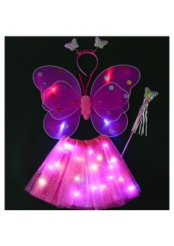 Costum Fluturas cu Aripi Modelabile Luminoase pentru Copii, Flippy, Fusta din Tul cu Lumini, Bagheta si Bentita, 4 piese, Pentru Halloween, Cosplay, Craciun, Carnaval, Paste, Ziua Copilului, Bumbac/Poliester, Marime universala, Roz-Rosu